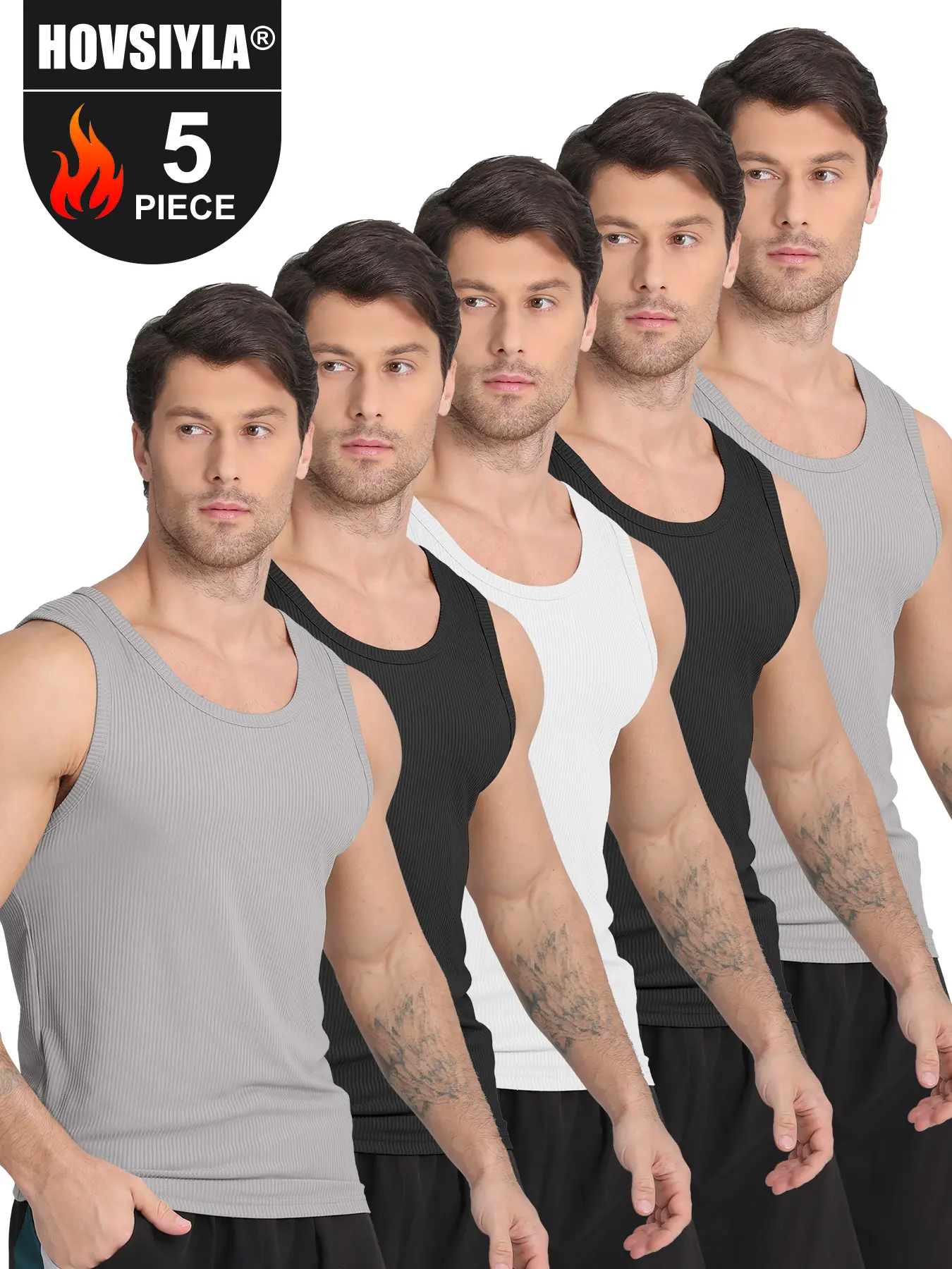 Men's 5-Pack Fitted Compression Tank Tops (Compression Vest), Solid Crew Neck, Quick-Dry Soft Fabric Base Layer, Second-Skin Fit Moves With You, Great for Gym and Hikes