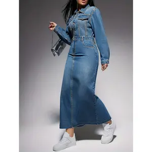 Elegant Long Sleeve Denim Midi Dress for Women - Chic Single-Breasted Design with Flap Pockets, Stretch Rayon & Polyester Blend, Machine Washable - Perfect for Fall/Winter