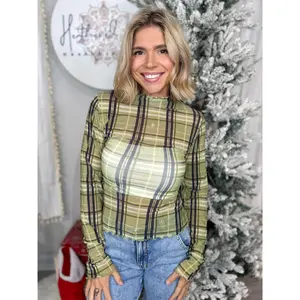 Evergreen Plaid Mesh Top