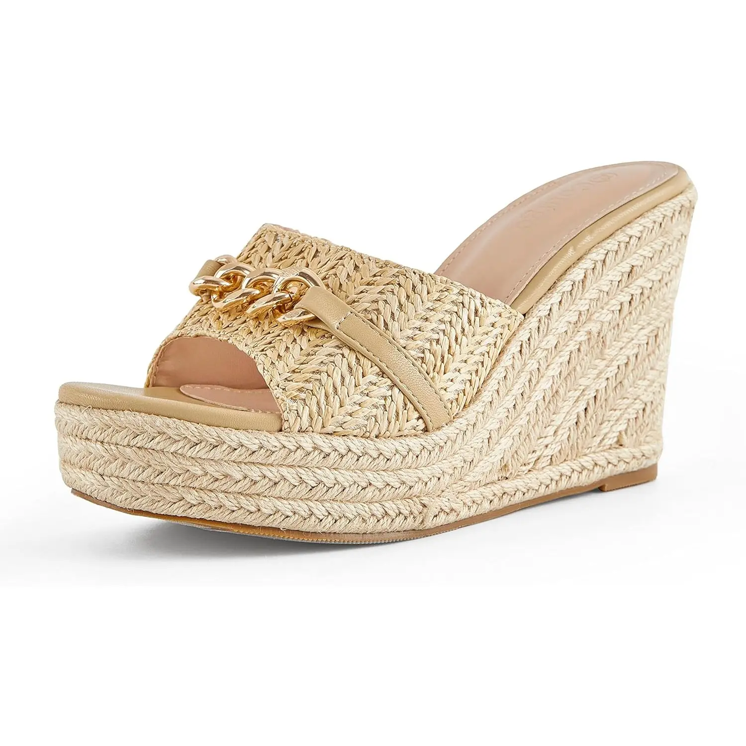 Coutgo Women's Platform Sandals, Espadrille Wedge Heels with Braided Strap and Chain Decor, Comfortable Slip-On Summer Shoes