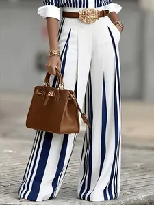 Women's Elegant Wide Leg Pants, Striped Line Pattern with High Waist and Pleats, Polyester for Office Business Casual, Line Pattern Pants