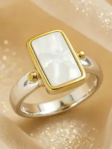 1pc Elegant Silver-Plated Asymmetrical Square Pattern Shell Decor Ring, Suitable For Daily Wear And As A Gift For Occasions Like Valentine's Day And Parties