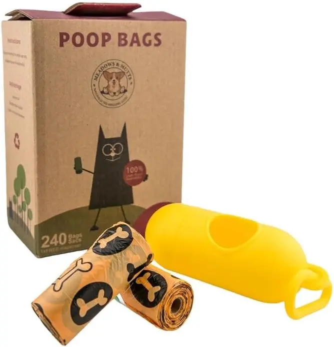 MEADOWS & MUTTS Dog Poop Bags with Dispenser - 240 Count Compostable Biodegradable Plant Based Pet Waste Bags | Leak Proof Extra Thick | Lavender Scented Eco-Friendly Puppy Poop Bags