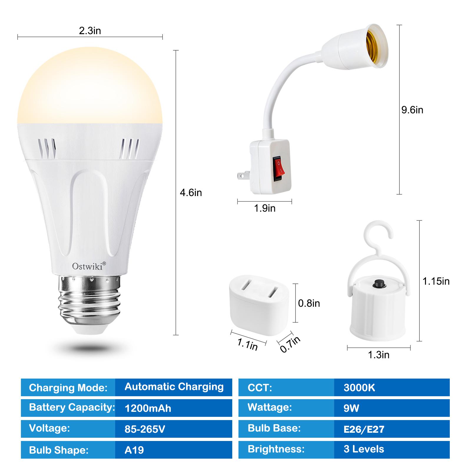 OSTWIKI 6 Pack Rechargeable Emergency Light Bulbs A19, Camping Lamp Battery Powered LED Light Bulb 3000K Daylight E26/E27 120V 9W with 1200mAh for Home Power Outage, Camping, Hurricane