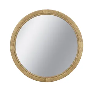 Boho Woven Rattan Round Mirror – 31.9" Natural Wall Mirror with Wrapped Accents, Farmhouse Decor for Living Room, Bedroom, Hallway – Handmade Wicker Circle Mirror