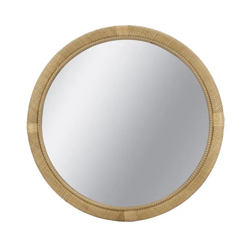 Boho Woven Rattan Round Mirror – 31.9" Natural Wall Mirror with Wrapped Accents, Farmhouse Decor for Living Room, Bedroom, Hallway – Handmade Wicker Circle Mirror