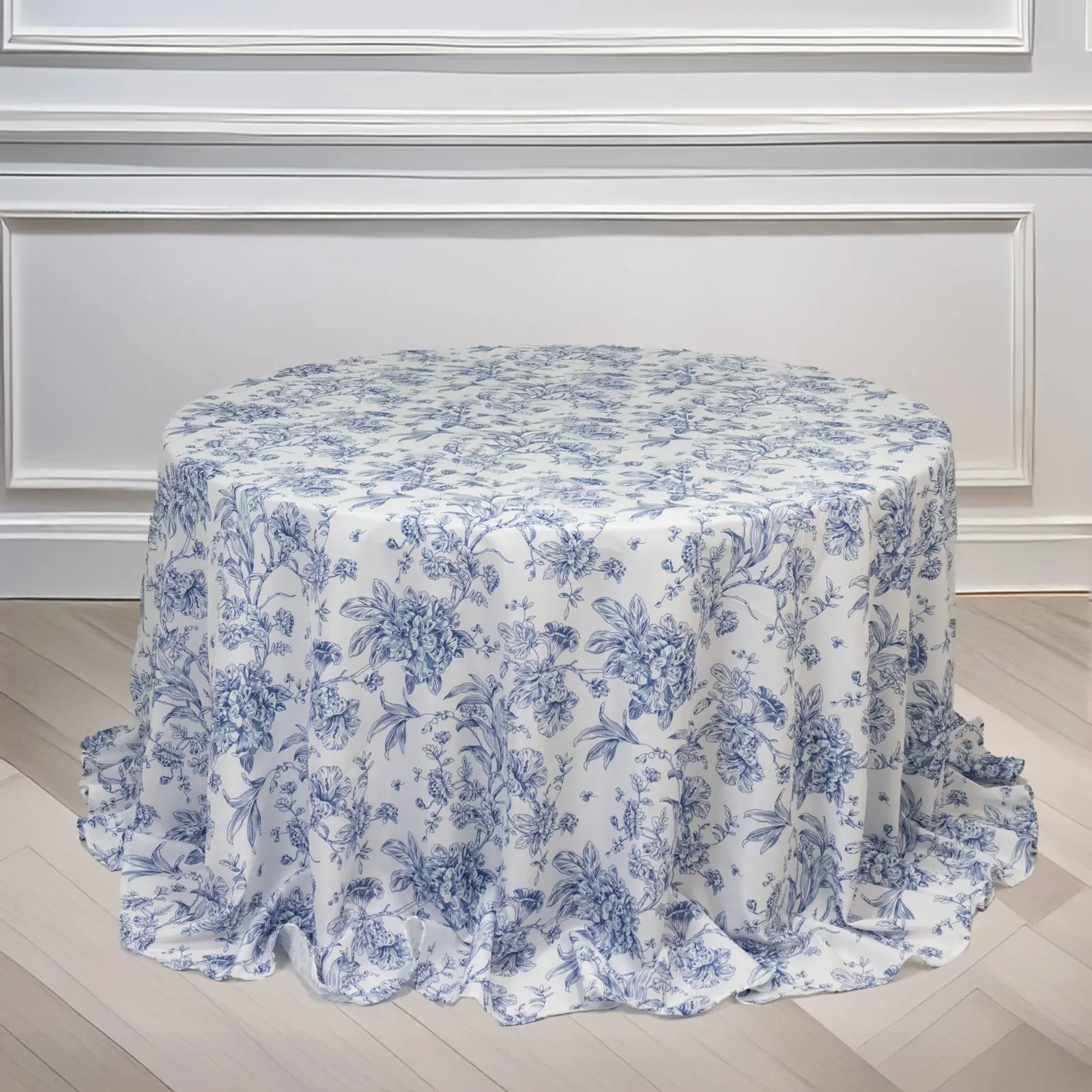 132" Polyester Round White Tablecloth with Blue French Toile Pattern - Machine Washable Large Outdoor Tablecloths for Wedding, Ceremony, Patio Table Supplies