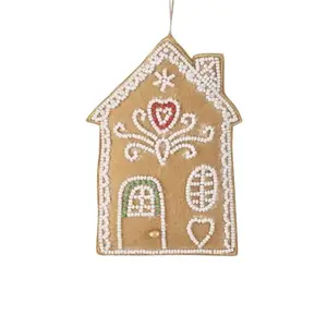 Embroidered & Beaded Gingerbread House Ornament – White Roof
