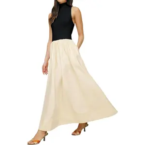 Women Long Sleeve Dress V Neck Elegant Maxi Dresses Stitched Color Block Soft Dress Casual A Line Loose Dress