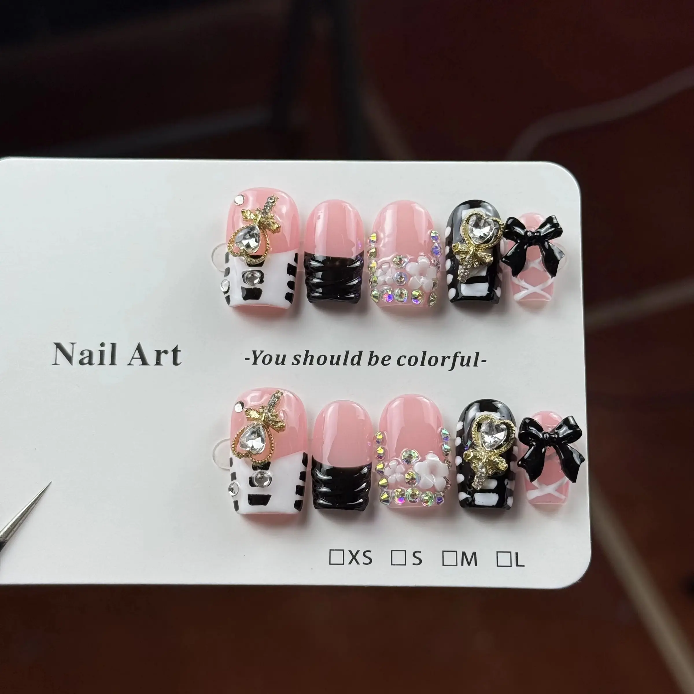 10pcs high-end Sweet and cool, spicy girl style, hand-painted three-dimensional heart, bow, flower, sparkling diamond pile handmade press on fake nails