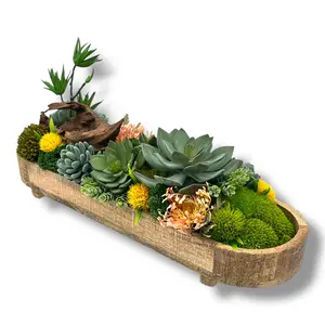 Succulent Design in Varnished Elongated Wood Vase | Faux Succulent and Floral Arrangement | Arranged Succulents for Table Centerpiece and Gifts