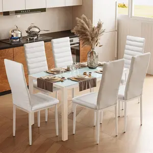 7-Piece Modern Glass Dining Table Set for 6 People, Kitchen & Dining Room Furniture Set with 6 PU Leather Chairs - [Black/White]