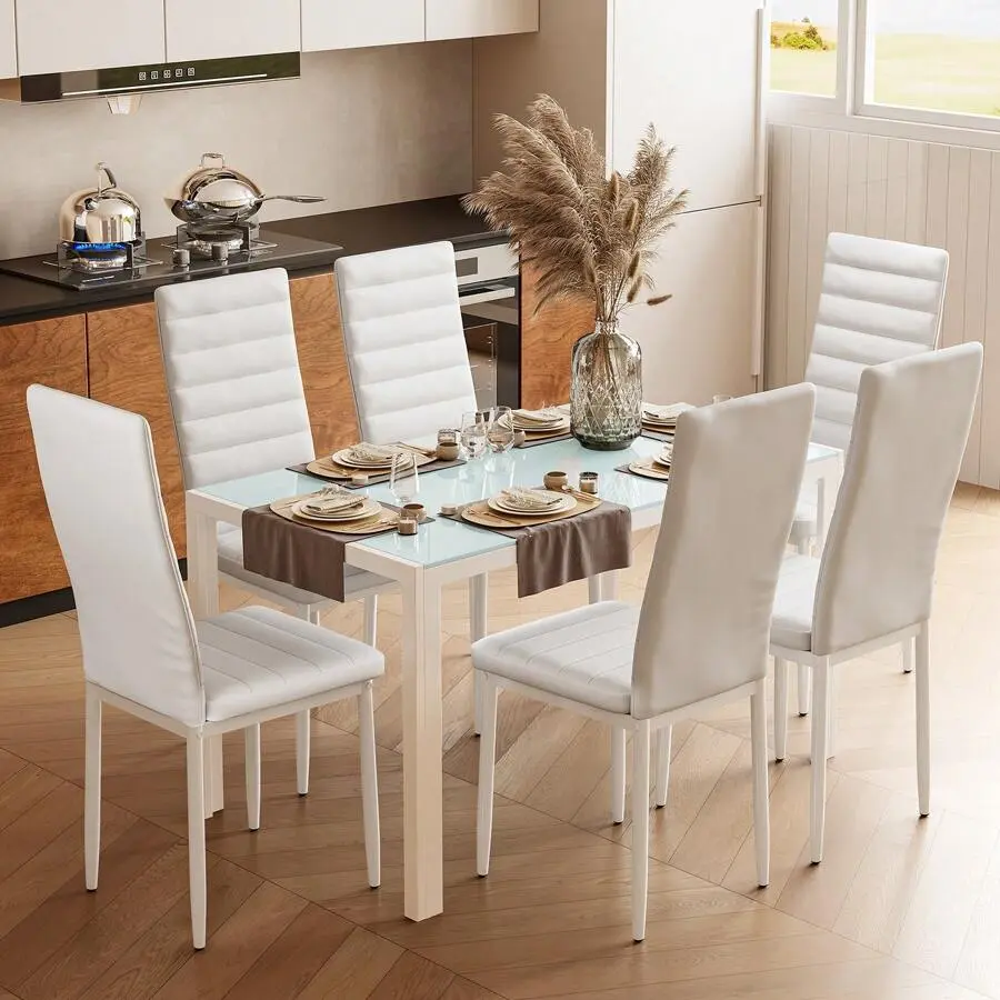 Modern 7-Piece Dining Room Sets - Glass Dining Table Set for 6, Waterproof PU Leather Chairs, Space Saving Indoor Kitchen Furniture for Family Dinners with Fast Shipping [Black/White]