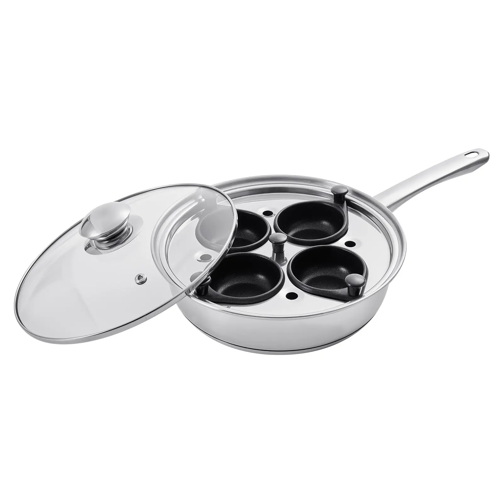 VEVOR Nonstick Egg Poacher Cookware Pan, 4-Large Detachable Cups Poached Egg Maker, Stainless Steel Skillet with Glass Lid & Silicone Spatula, Induction Stovetop Compatible
