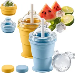 2-in-1 Collapsible Silicone Ice Ball Maker Cup, Reusable Portable Ice Ball Maker Bottle with Straw & Lid, for Coffee, Juice, Home, Gym, Outdoor Freezer (2PCS-C)