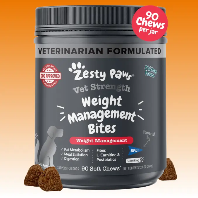 Zesty Paws Weight Management Bites for Dogs – Metabolism & Appetite Control with L-Carnitine, Fiber, Postbiotics & B Vitamins –  chews - 90 Count Supplements Pumpkin