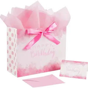 12.6" Large Pink Happy Birthday  Bag with Ribbons, Card and Tissue Papers for Girl Women Birthday Party.