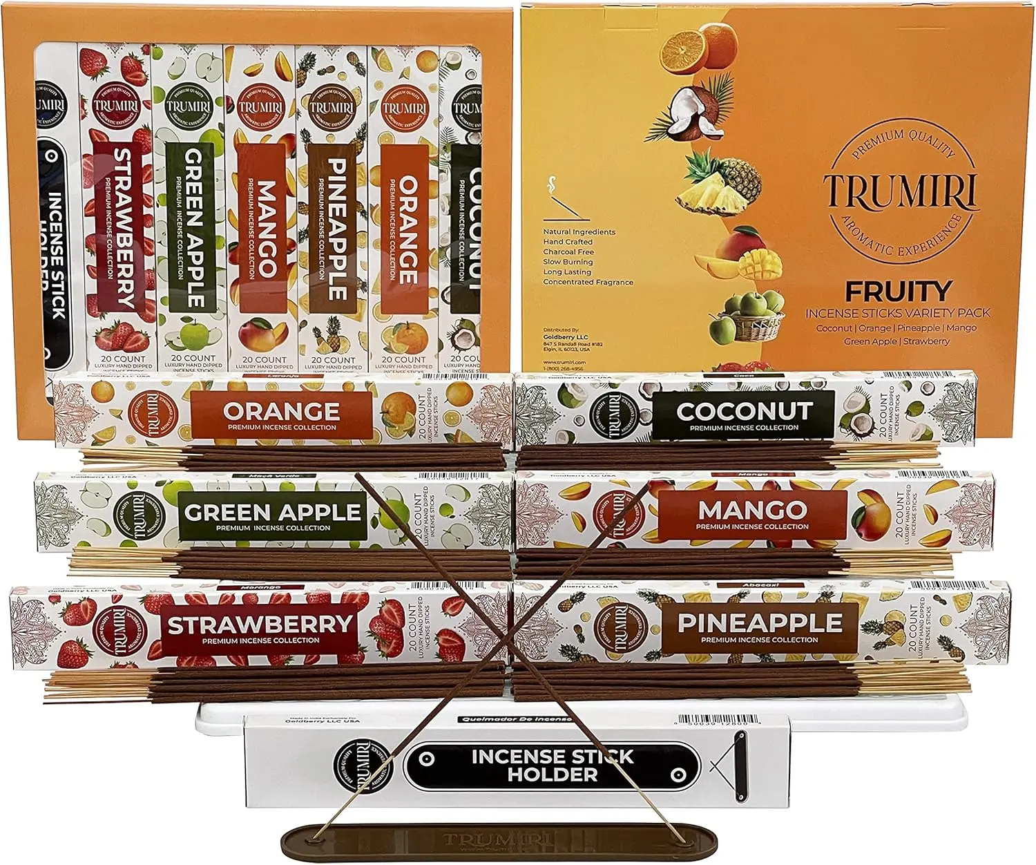 Fruity Incense Sticks Variety Pack - 120 Insence-Sticks (6 Incents x 20 Insense) - Coconut Orange Pineapple Mango Strawberry Apple - Natural Inscents-Sticks Non Toxic Inciensos + Stick Incense Holder