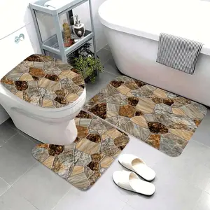 Mosaic Stone Pattern Bathroom Mat Set, Absorbent NonSlip 3 Piece Toilet Rug Washable Decorative Home Floor Carpet