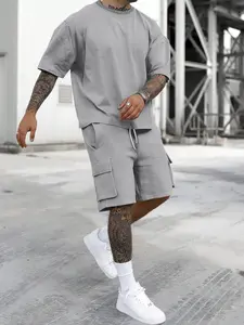Men's Light Gray Heathered 2-Piece Casual Set - Short-Sleeve Crew Neck T-Shirt + Cargo Shorts (Multiple Pockets), Ultra-Soft Breathable Fabric, Relaxed Fit, Minimalist Design, Plain, Perfect for Summer Outdoor Strolls, Neighborhood Errands, Park Picnics