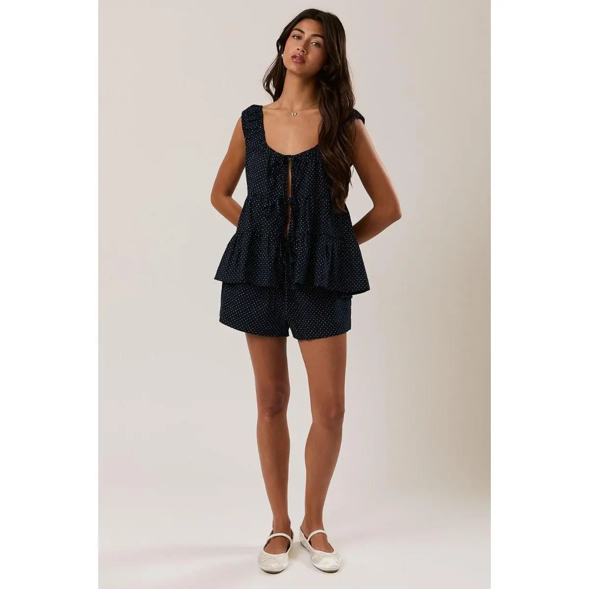 Blair - Navy & White Dot Tie Front Top