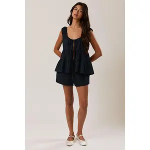 Blair - Navy & White Dot Tie Front Top