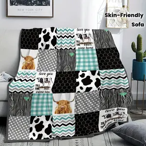 Farmhouse Cow Print Highland Cow Patchwork Cooling Blanket for Couch Bed, Lightweight Plush All Season Nap Blanket, Portable Travel Camping Car Office Throw Blanket, Durable Wrinkle Resistant Printed Blanket, Ideal Rustic Farm & Country Home Decor Gift
