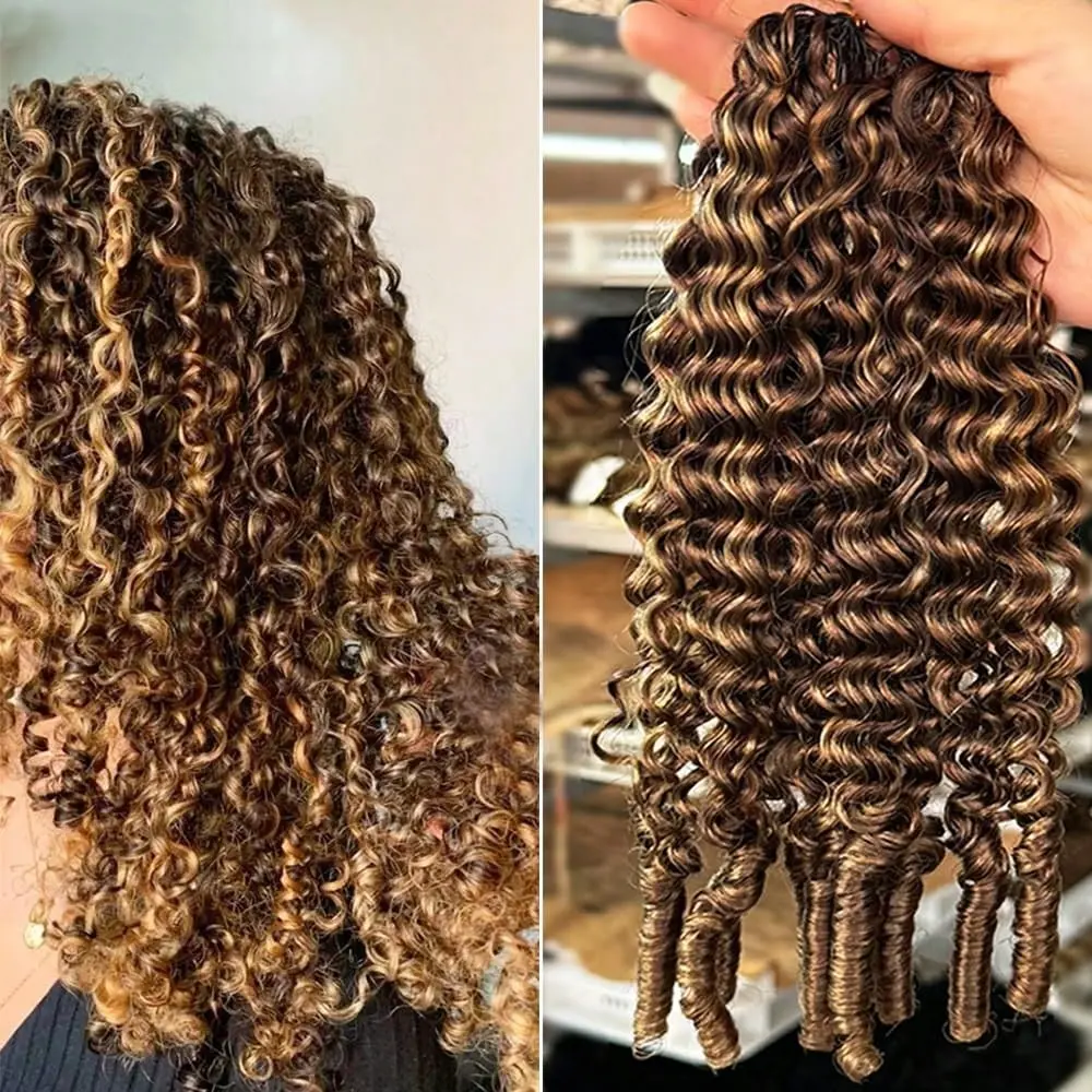 [New In] Bling Hair 14-22inch Highlight Ombre Honey Blonde 4/27 Color Burmese Curly Crochet Human Hair Pre-Separated Crochet Human Hair Extension Feathered Human Hair Bundles For Black Women