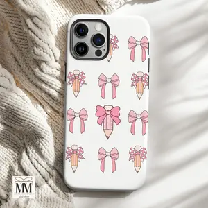 Pink Coquette Bow Pencil Phone Case For Apple iPhone 16, iPhone 15 14 13 12 11 Pro Max, New Teacher Gift Girly Aesthetic Teacher Phone Cover