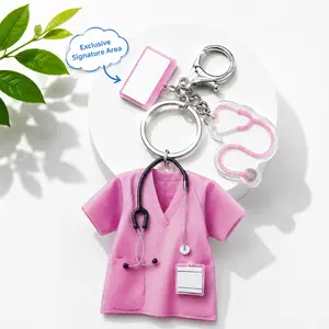 Acrylic Keychain Pendant with Cute Pink Scrubs & Stethoscope Charm,2D Larger Size Daily Badge Holder Gift for Nurses & Medical Students，Exquisite bag charm