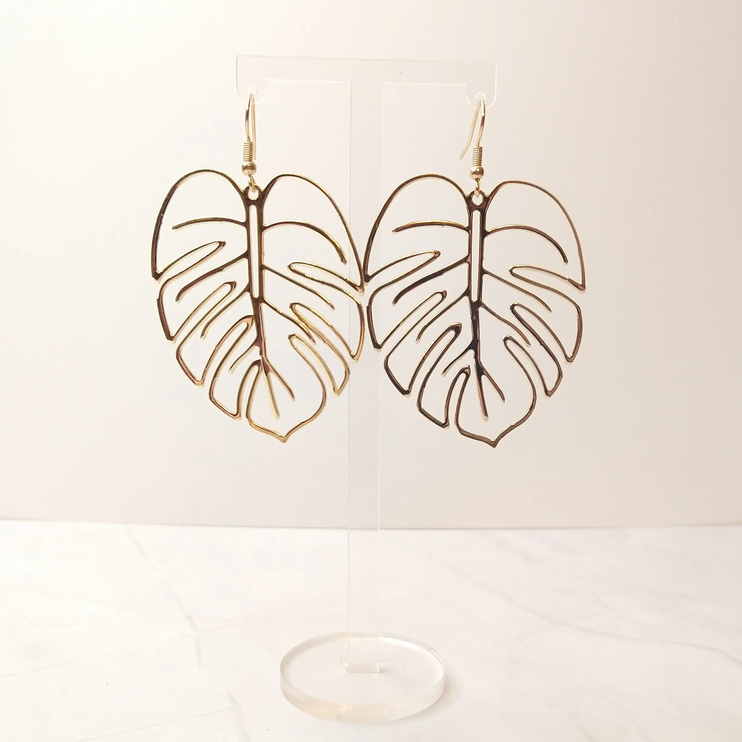 #475 Large Golden Hollow Monstera Leaf Earrings, Casual, Everyday Jewelry, Boho, Plants, Alloy