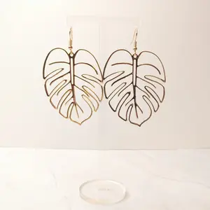 #479 Large Golden Hollow Monstera Leaf Earrings, Casual, Everyday Jewelry, Boho, Plants, Alloy