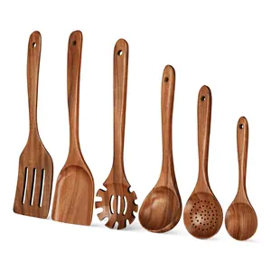Wooden Kitchen Utensils Set of 6, Cooking Wooden Spoons, Wooden Ladles, Wooden Cookware Tools, Durable and Eco-Friendly