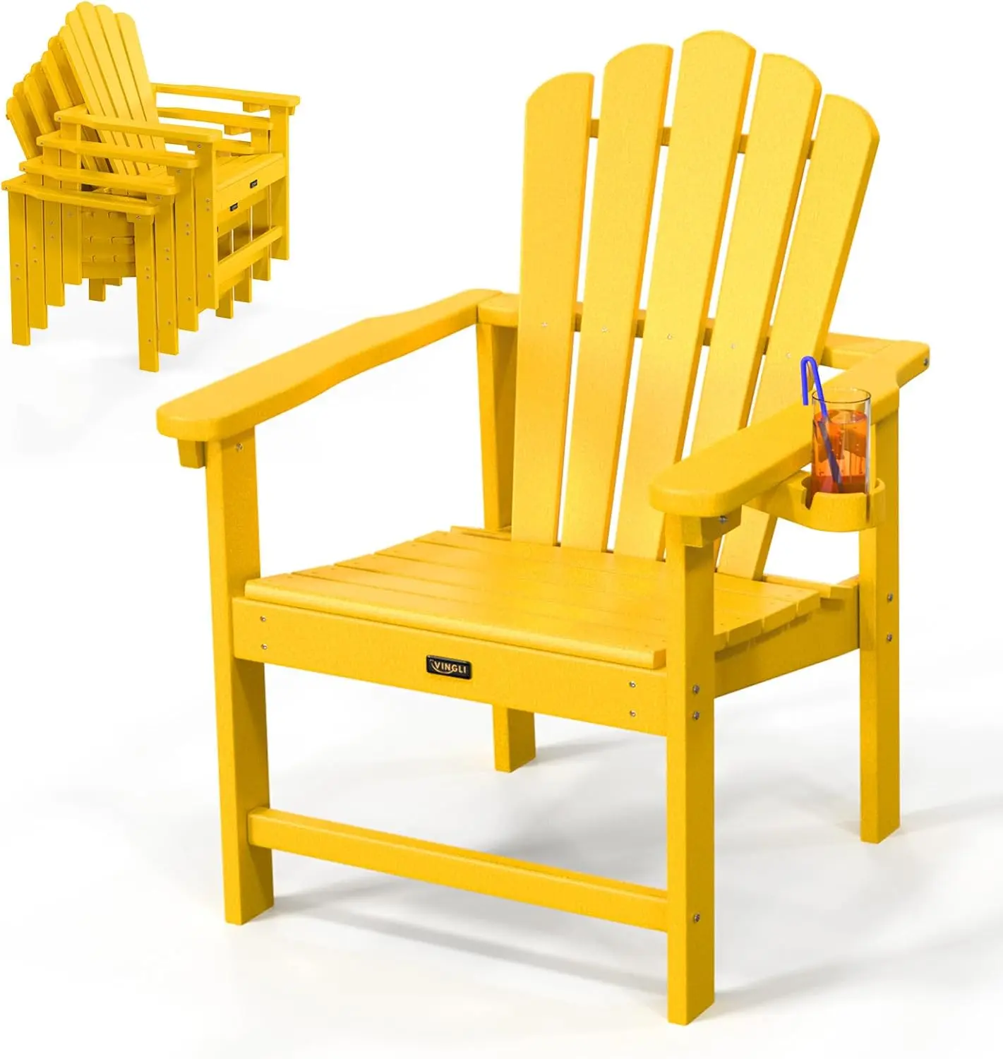 VINGLI Plastic Folding Adirondack Chair with Cup Holder, 100% Recyclable HDPE Material, 380lb Weight Capacity for Outdoor Pool Patio Lounge Chair Lawn Furniture Fire Pit, 1 Pack