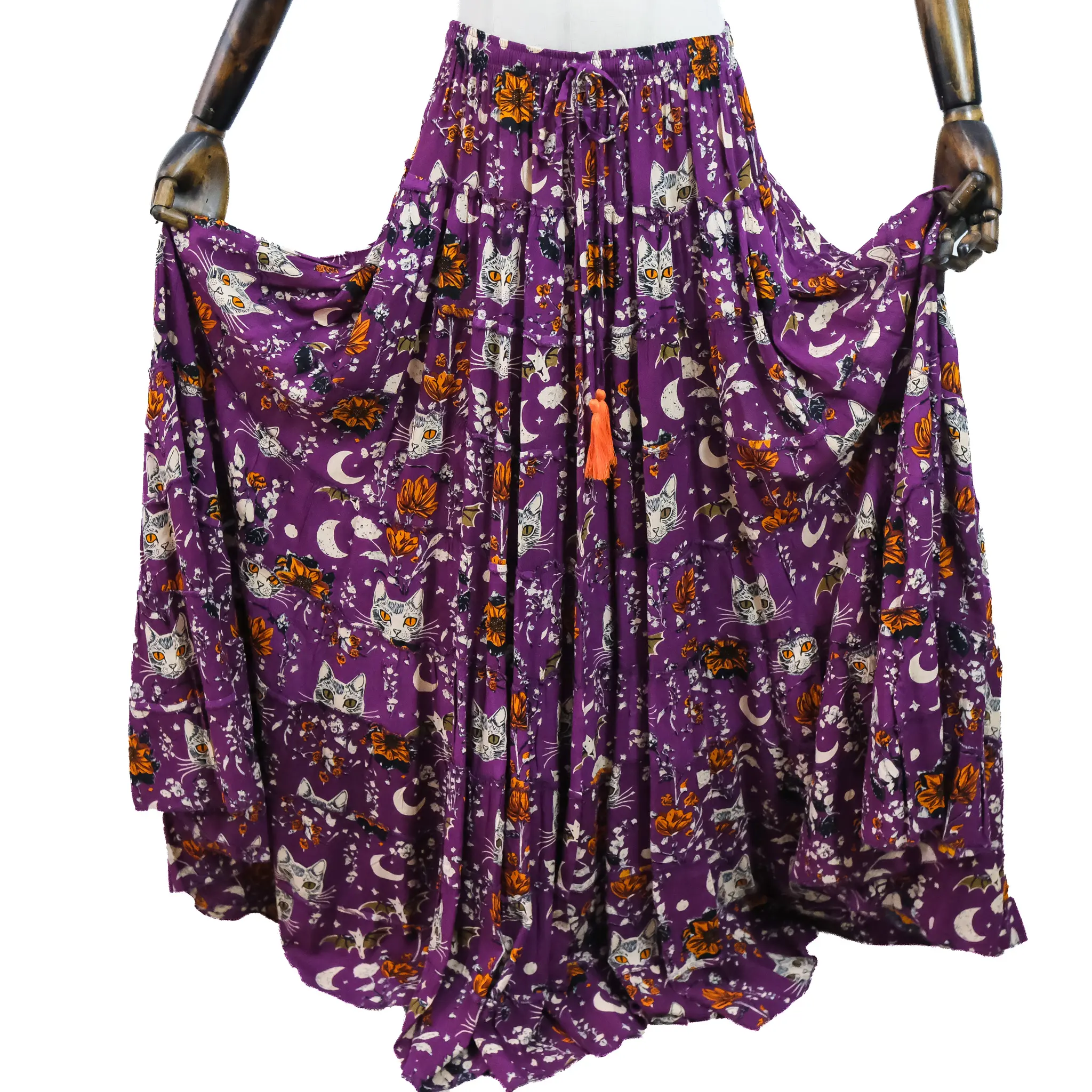 Celestial Cat Moon Tiered Maxi Skirt , Boho Flowy  Festival Skirt