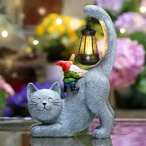 Garden Decor Outdoor Cat with Gnome and Lantern Statue for Yard and Garden Decorations Unique Combination for Whimsical Outdoor Space