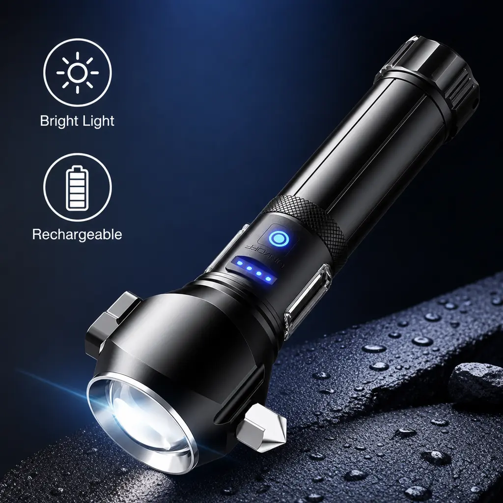 Multi-Mode Emergency Aluminum Flashlight with Tungsten Steel Safety Hammer super bright