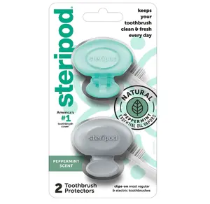 Steripod Clip-On Toothbrush Protector with Peppermint Essential Oils, Keeps Toothbrush Fresh and Clean, Travel Accessories, Fits Most Manual and Electric Toothbrushes, 2 Count
