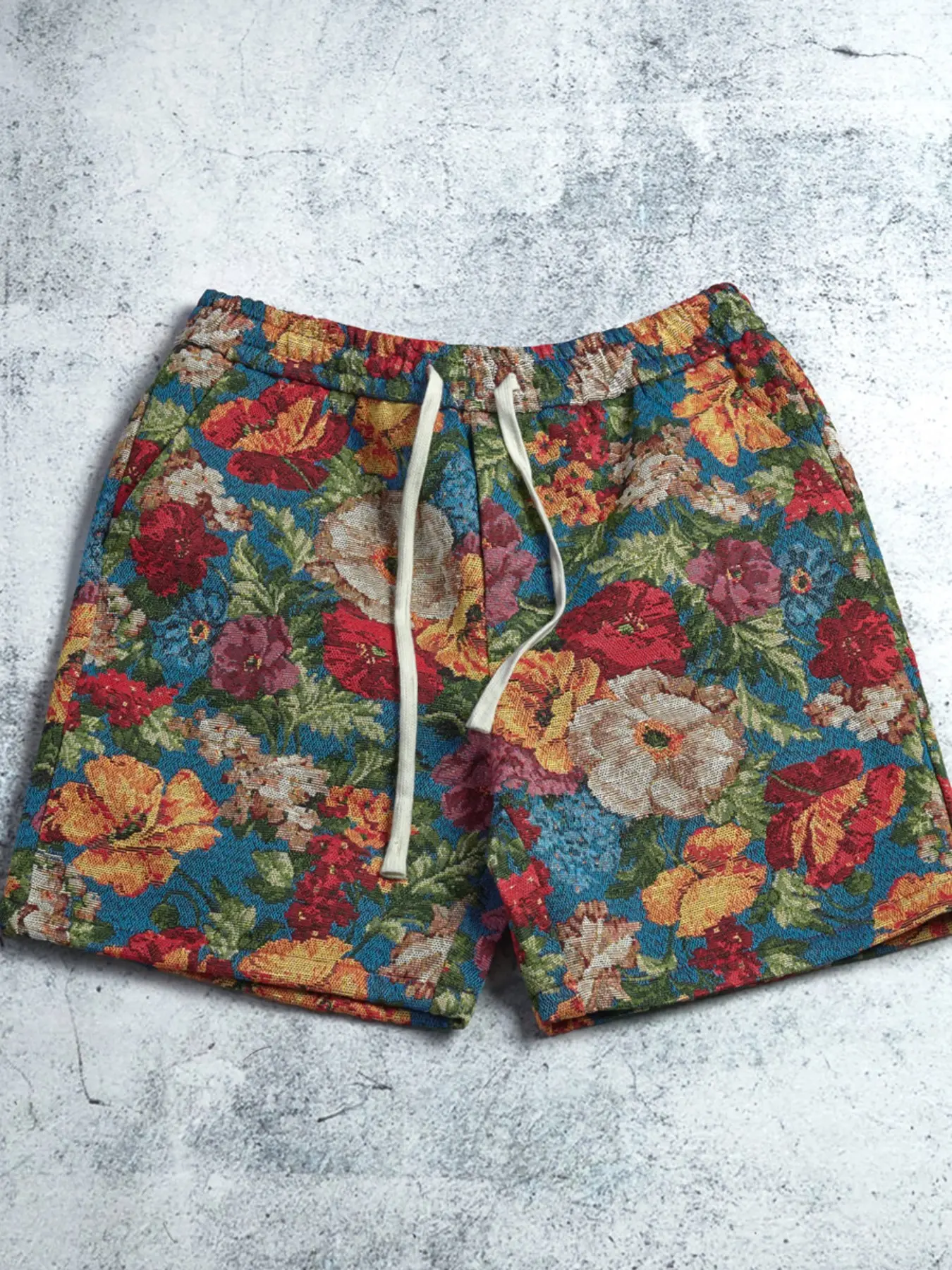 Men's Vintage Floral Embroidered Casual Shorts, Textured Fabric, Summer Vacation Style Half-Length Pants, Comfortable and Stylish, Comfy Shorts, Menswear, Breathable Summer Shorts, Casual Summer Bottoms