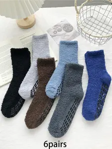 6pairs Socks Set comfortable coral fleece mid tube socks with anti slip silicone bottom for casual couple socks suitable for daily home wear in winter