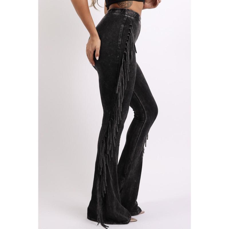 Fringe-Detailed Mineral Washed Pants for Women - Comfortable Cotton and Elastic Design with Flared Side Detail