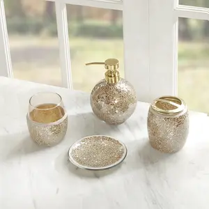 Madison Park 4-Piece Bathroom Set - Crackle Glass Mosaic Soap Dispenser, Toothbrush Holder, Tumbler & Ring Dish (Gold)