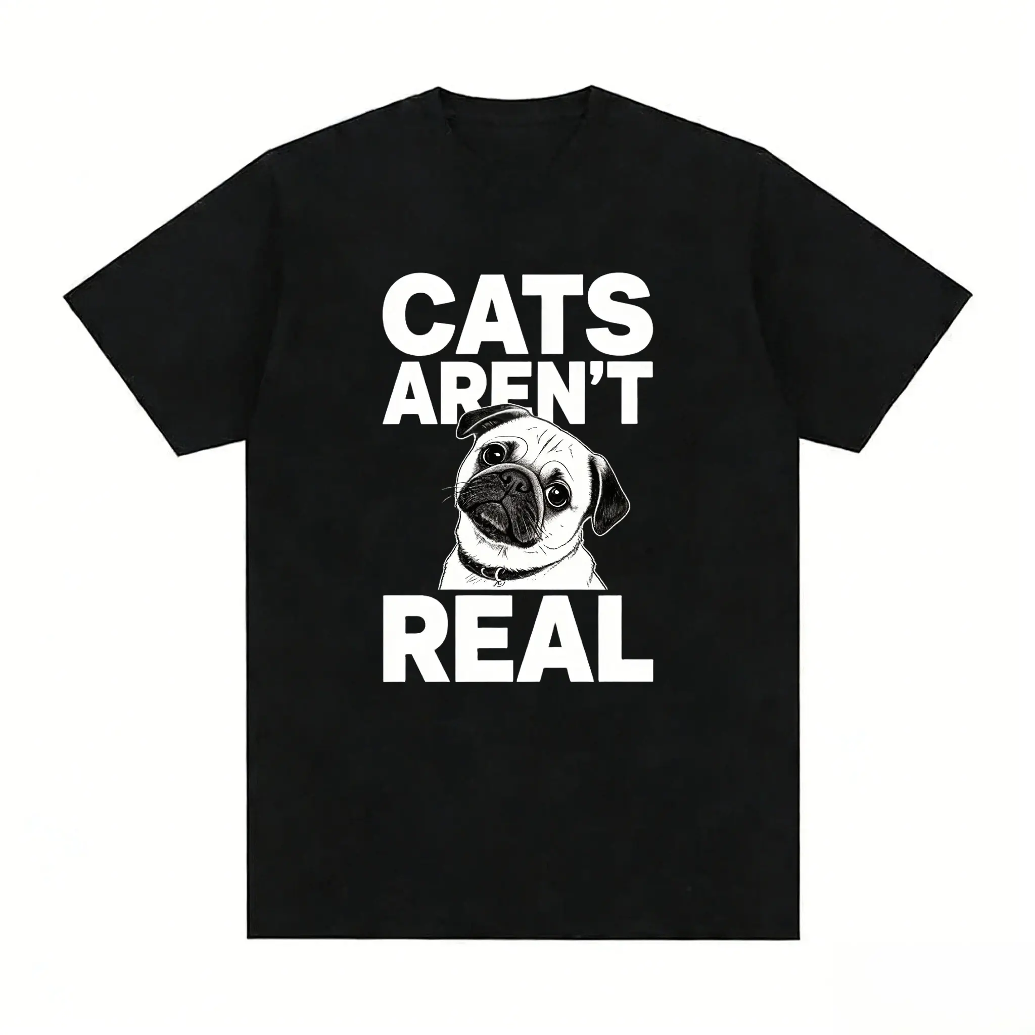 Women's Short-Sleeve Round Neck Cotton T-Shirt, Unisex "Cats Aren't Real" Pug Graphic Top for Dog Moms, Daily Wear Gift, Shortsleeve, Tshirt, Relaxed Fit, Classic Tee Womenswear Black, Casual, Moisture Wick, Crew Neck