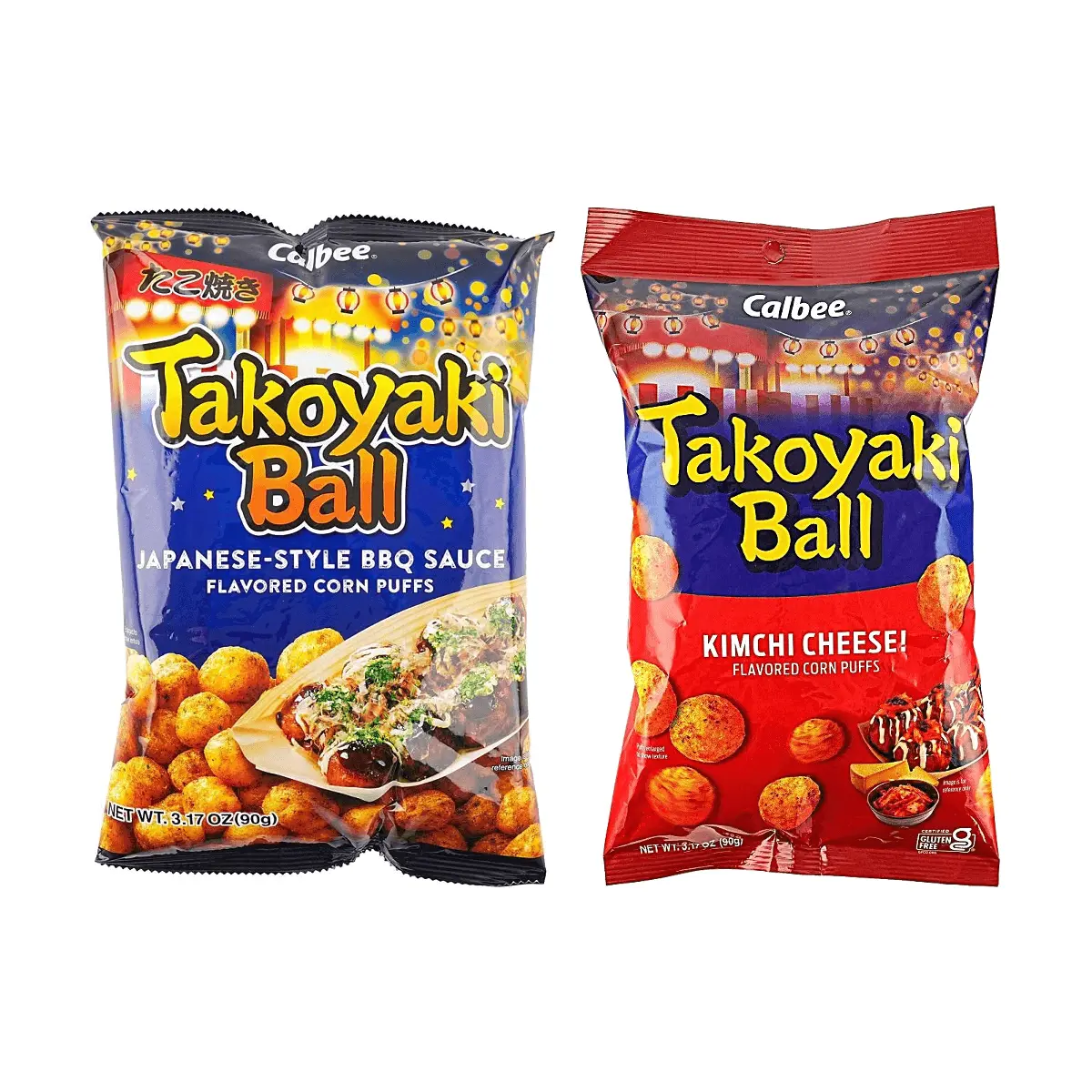 2 Pack Calbee Japanese Takoyaki Corn Puffs - Original + Kimchi Cheese Flavor 3.17 oz - Savory Snack