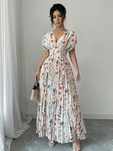 A fashionable white background pleated skirt with colorful floral prints for women. The colorful floral prints make it lively, and the pleated skirt is elegant and suitable for commuting to work, shopping, and outdoor wear Casual Wear Dress