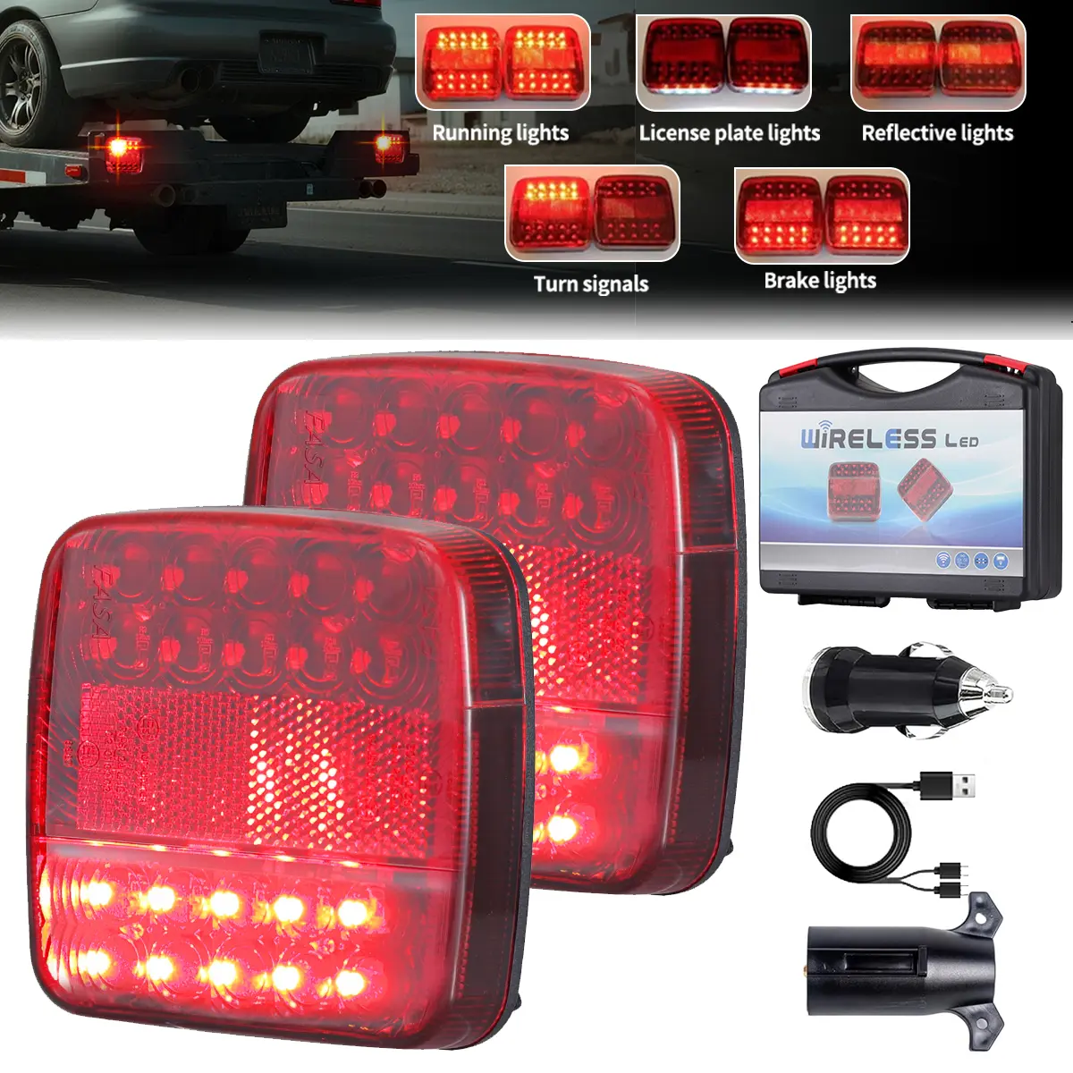 Dazone 7 Pin LED Magnetic Wireless Trailer Tail Lights Kit IP65 Waterproof For Towing Truck Camper RV Boat