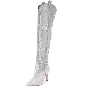 Sparkly Boots for Women, Rhinestone Over Knee Boots Embroidery Pointed Toe Pull On Stiletto Heeled Thigh High Sparkly Boots Tall Long Boots