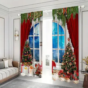 Merry Christmas Themed Curtain, 1 Pair Semi Blackout Curtain, Window Curtain for Home Living Room Bedroom Office Decor, Home Decoration Curtain