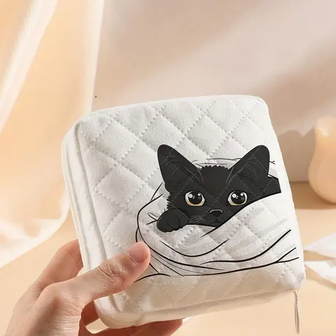 Cute Cat Pattern Sanitary Napkin Storage Bag, Portable Travel Makeup Bag, Cosmetics Bag, Cosmetic Pouch, Makeup Organizer Pouch, Lightweight Tissue Bag for Women's Products, Cosmetic Travel Bags
