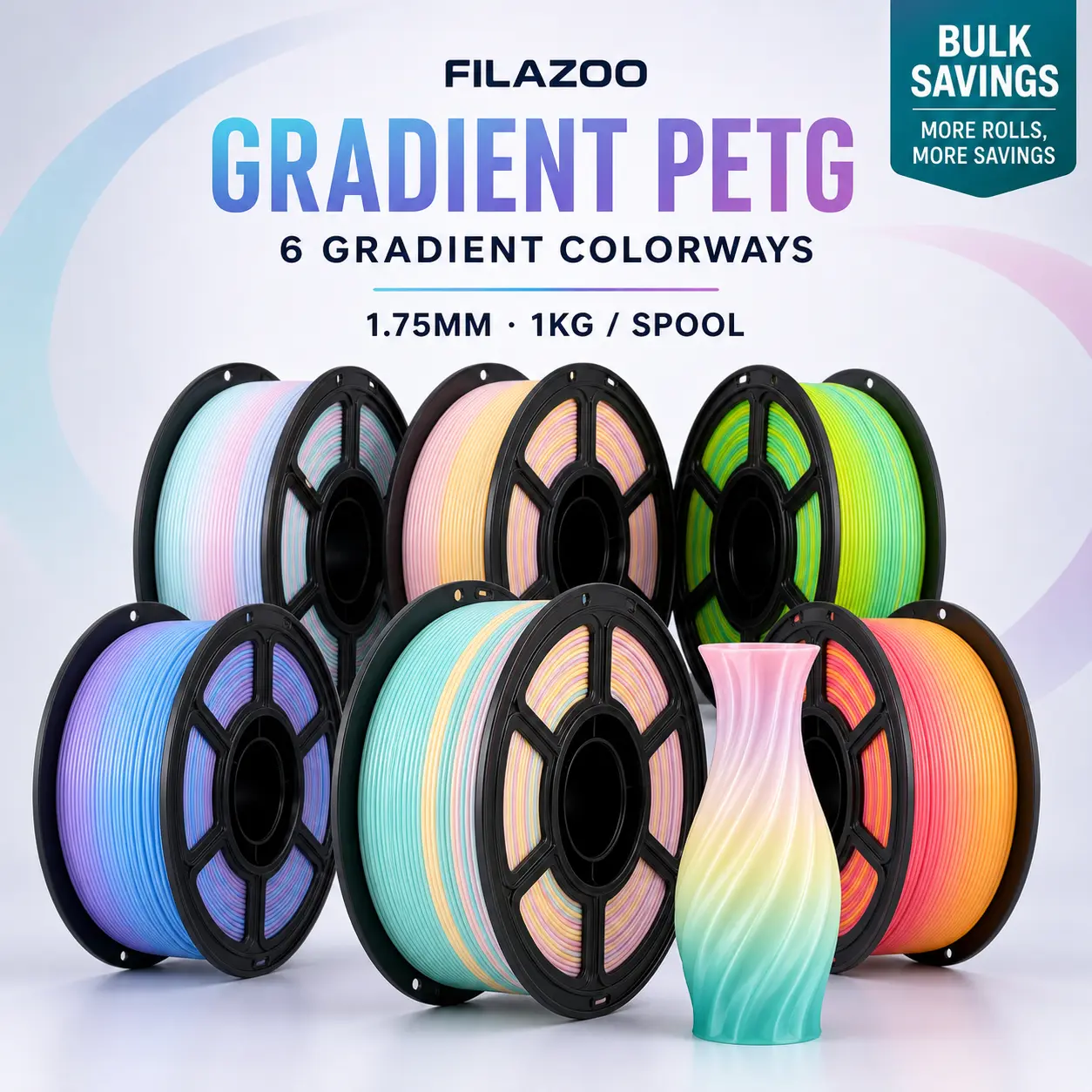 FILAZOO PETG Gradient Rainbow Filament 1.75mm 1KG Spool | Multicolor Color-Shift & Classic Solid Colors | High Speed Tangle-Free | Compatible with Bambu Lab X1/P1S/A1, Creality Ender 3, FDM 3D Printers Premium Bundle
